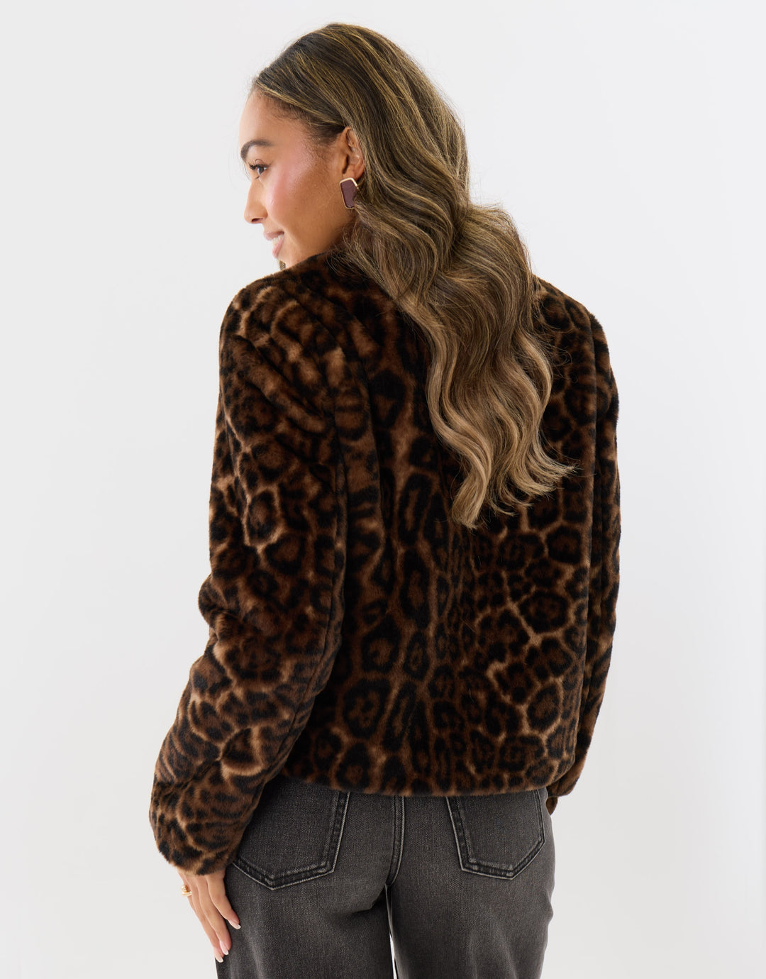 Collarless Faux Fur Jacket in Leopard Print