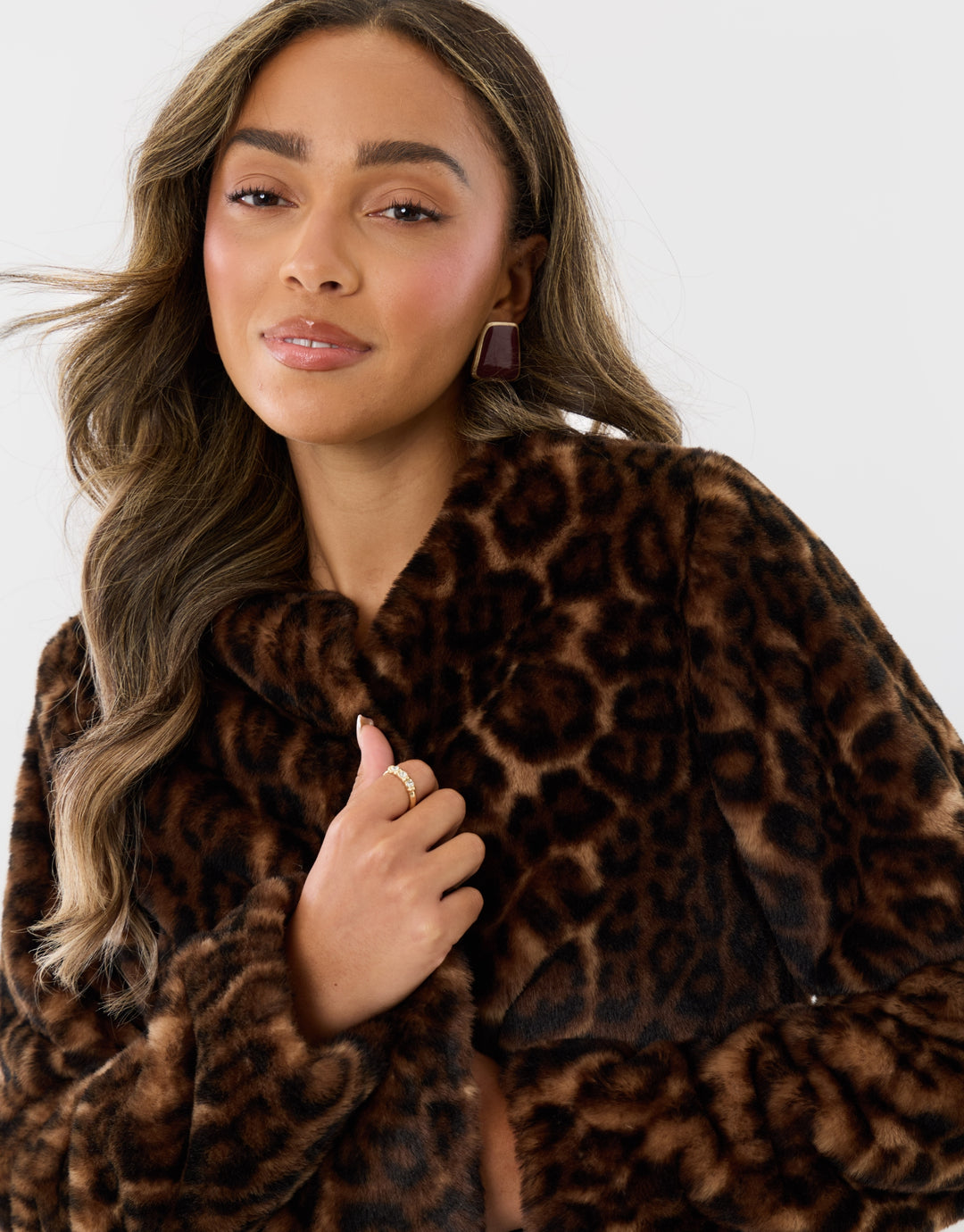 Collarless Faux Fur Jacket in Leopard Print