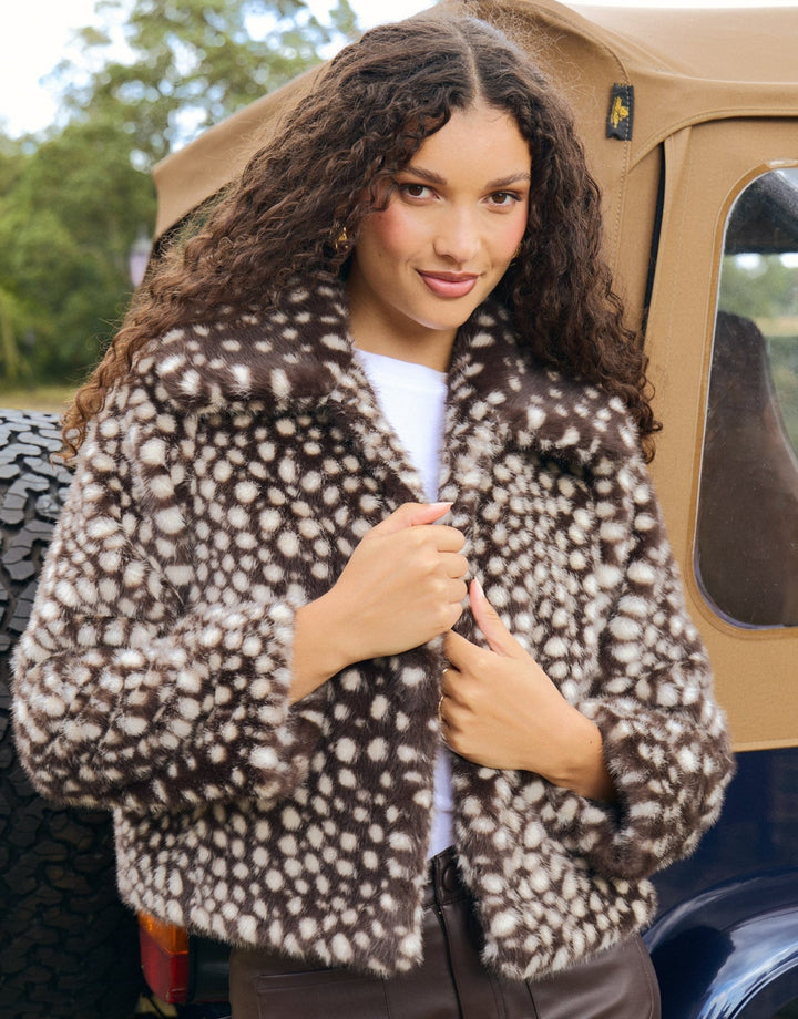 Collared Faux Fur Jacket in Deer Print
