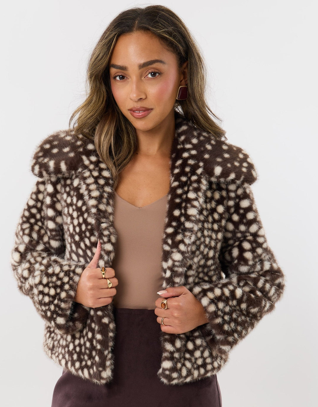 Collared Faux Fur Jacket in Deer Print