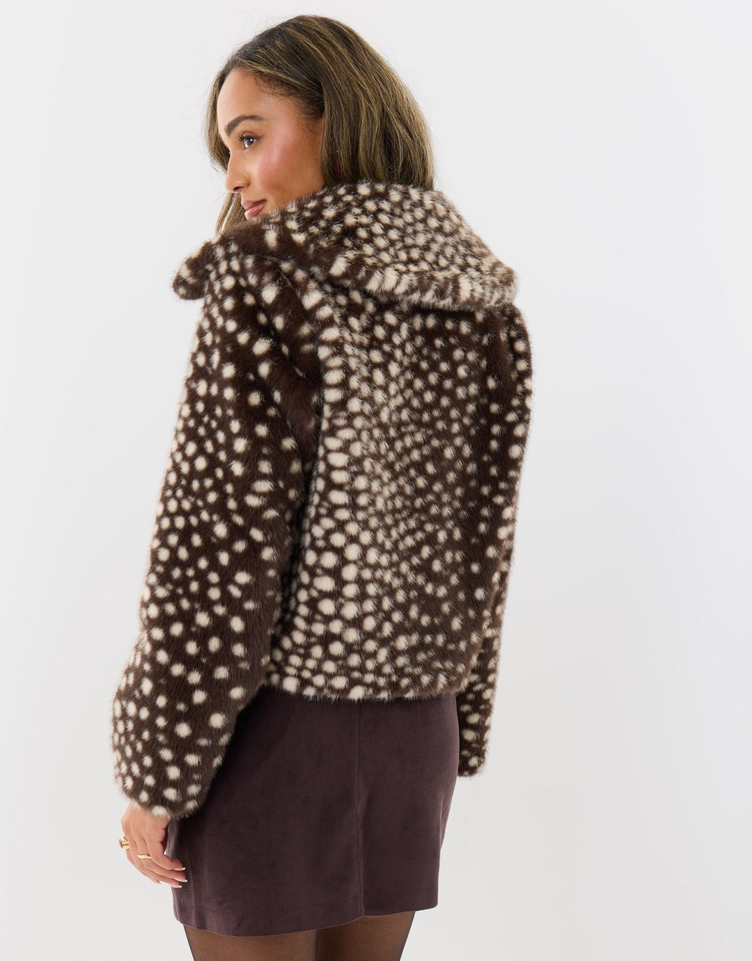 Collared Faux Fur Jacket in Deer Print