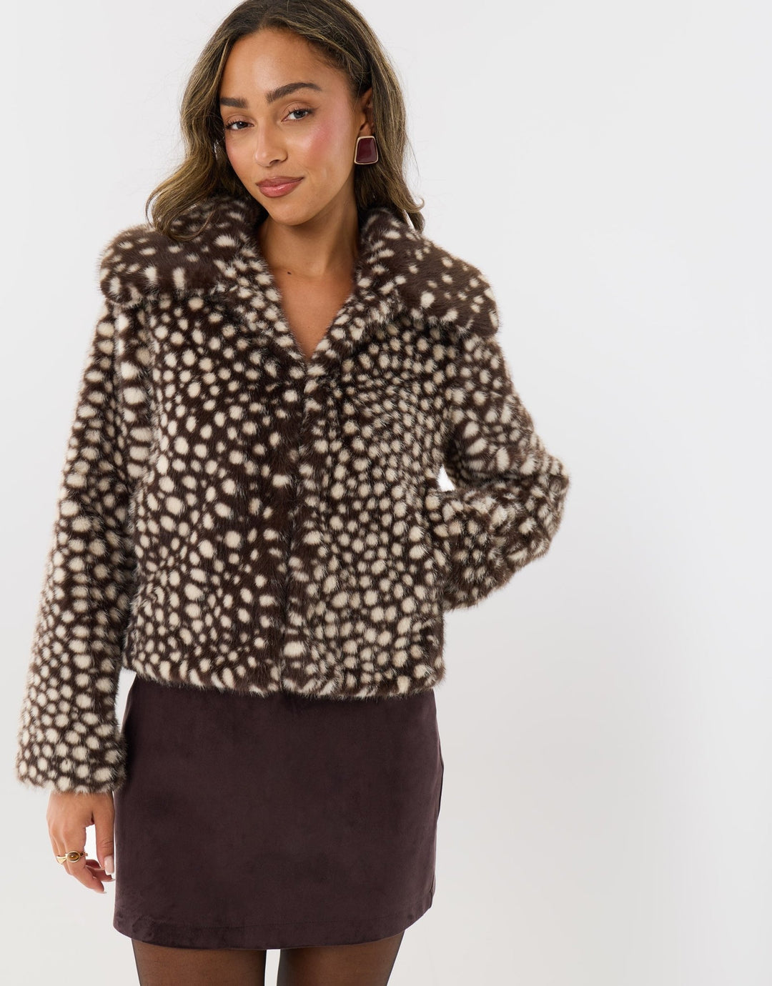 Collared Faux Fur Jacket in Deer Print