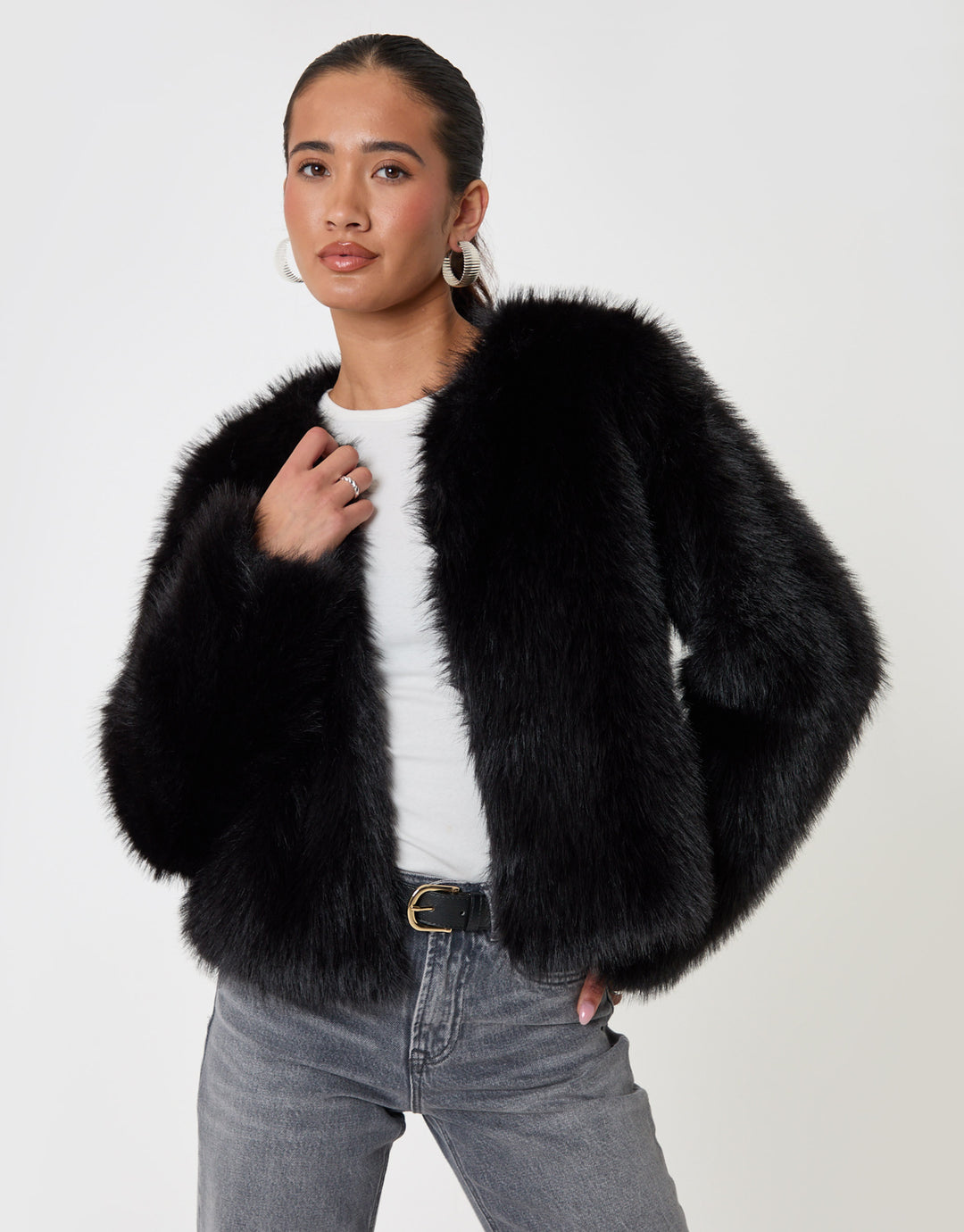 Threadbare Collarless Faux Fur Jacket in Black - front view