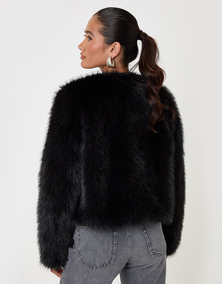 Threadbare Collarless Faux Fur Jacket in Black - back view