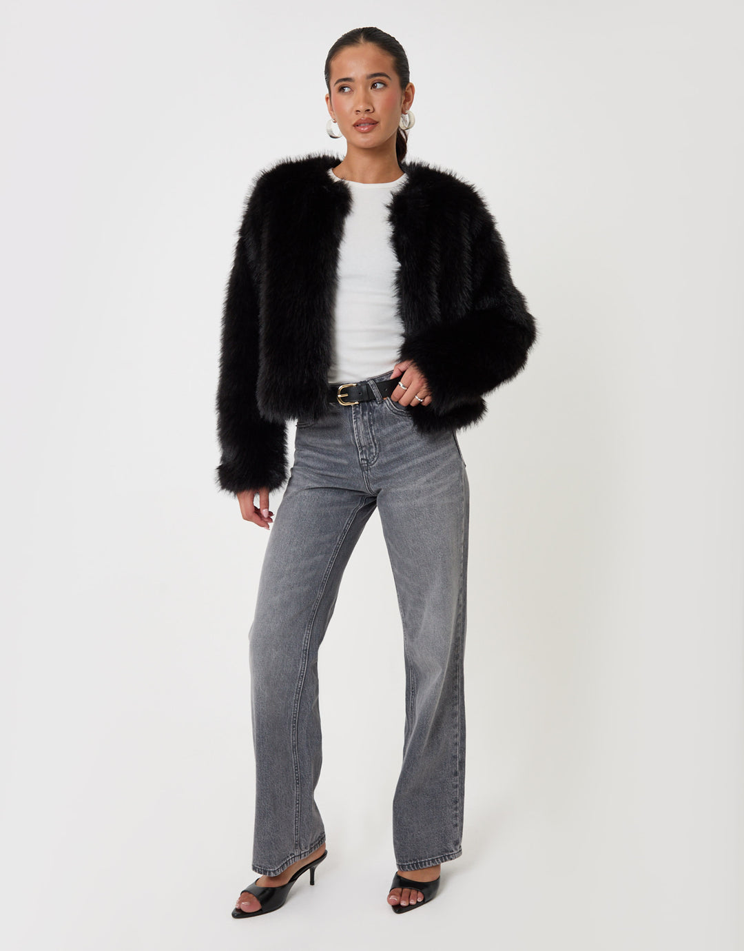Threadbare Collarless Faux Fur Jacket in Black - full body