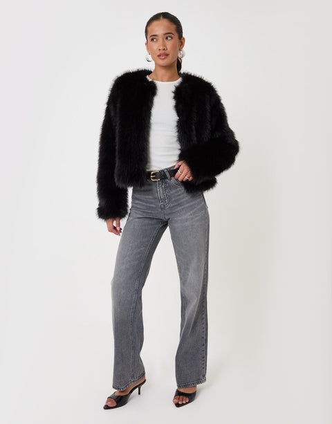 Threadbare Collarless Faux Fur Jacket in Black - full body