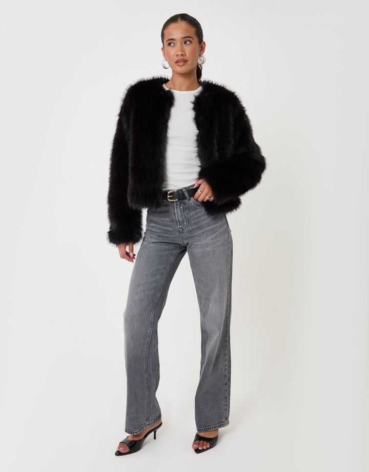 Threadbare Collarless Faux Fur Jacket in Black - full body