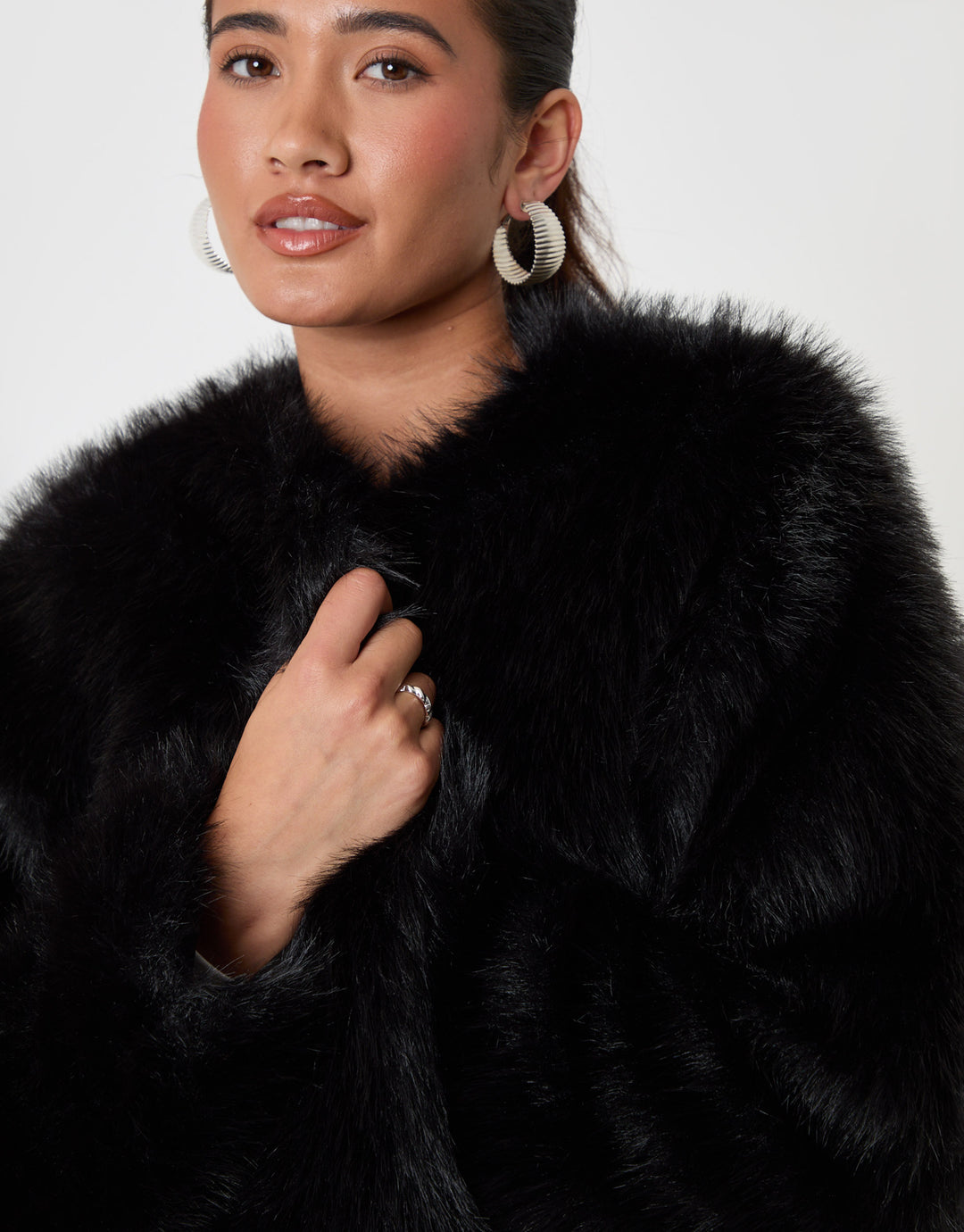Threadbare Collarless Faux Fur Jacket in Black - close up