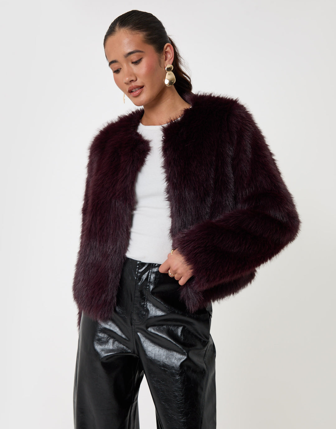 Threadbare Collarless Faux Fur Jacket in Purple - front view