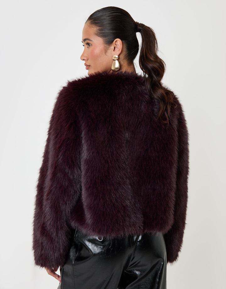 Threadbare Collarless Faux Fur Jacket in Purple - back view