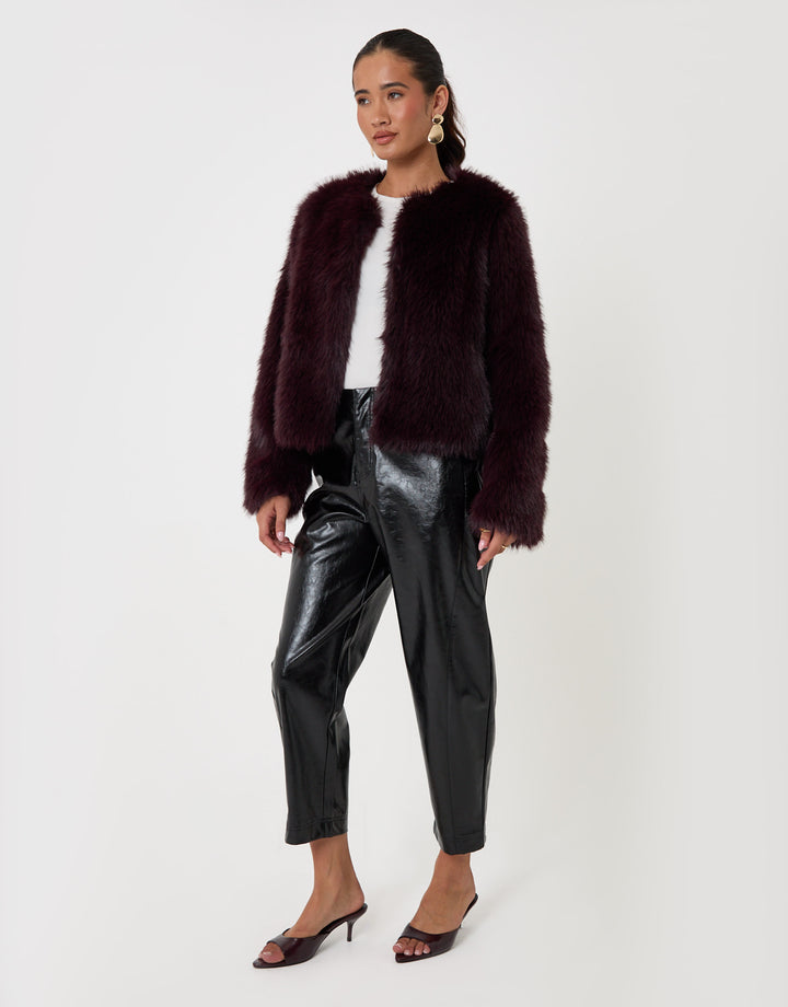 Threadbare Collarless Faux Fur Jacket in Purple - full body