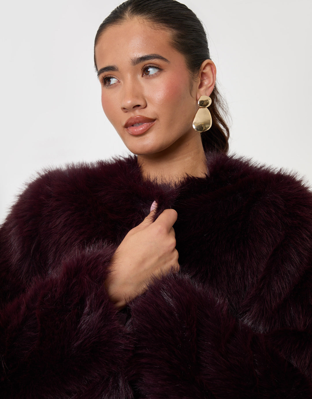 Threadbare Collarless Faux Fur Jacket in Purple - close up