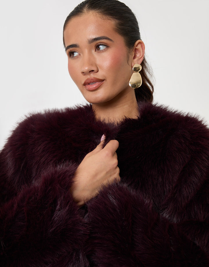 Threadbare Collarless Faux Fur Jacket in Purple - close up