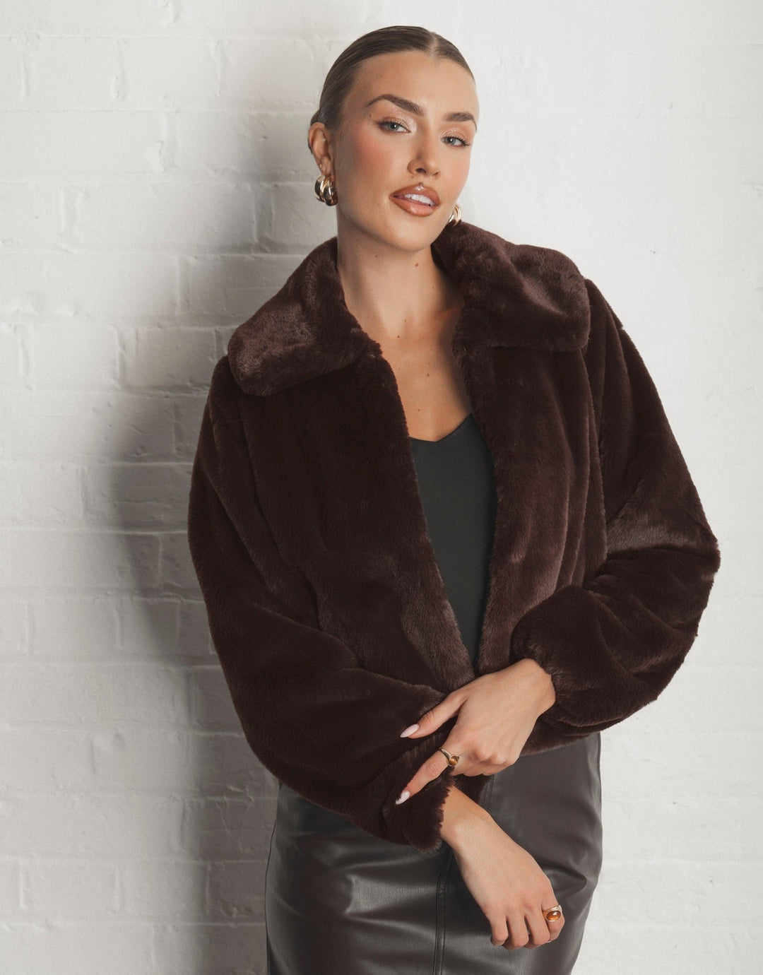 Short Collared Faux Fut Coat in Chocolate Brown