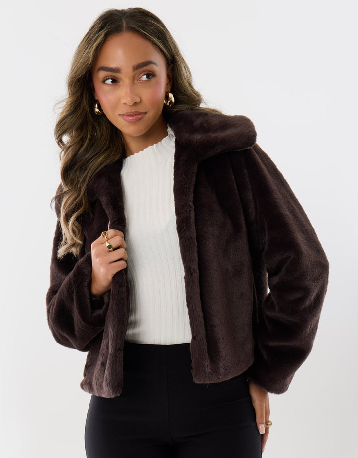 Short Collared Faux Fut Coat in Chocolate Brown