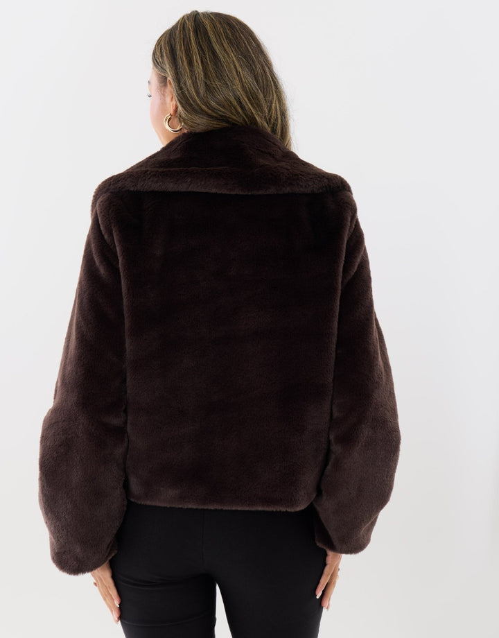 Short Collared Faux Fut Coat in Chocolate Brown
