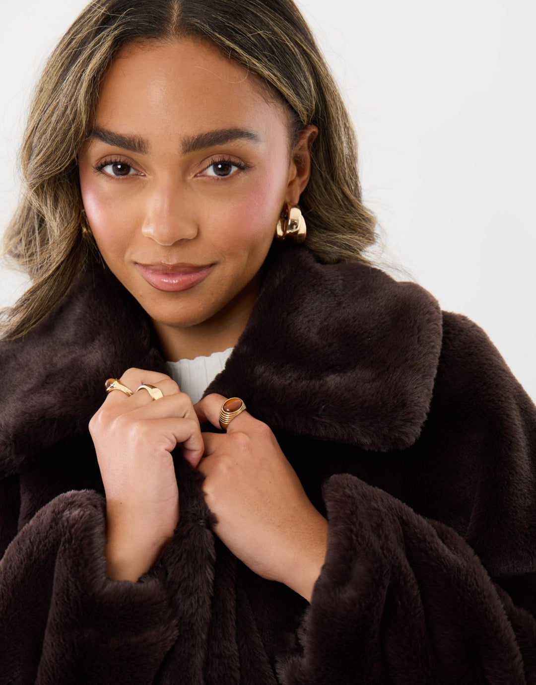 Short Collared Faux Fut Coat in Chocolate Brown