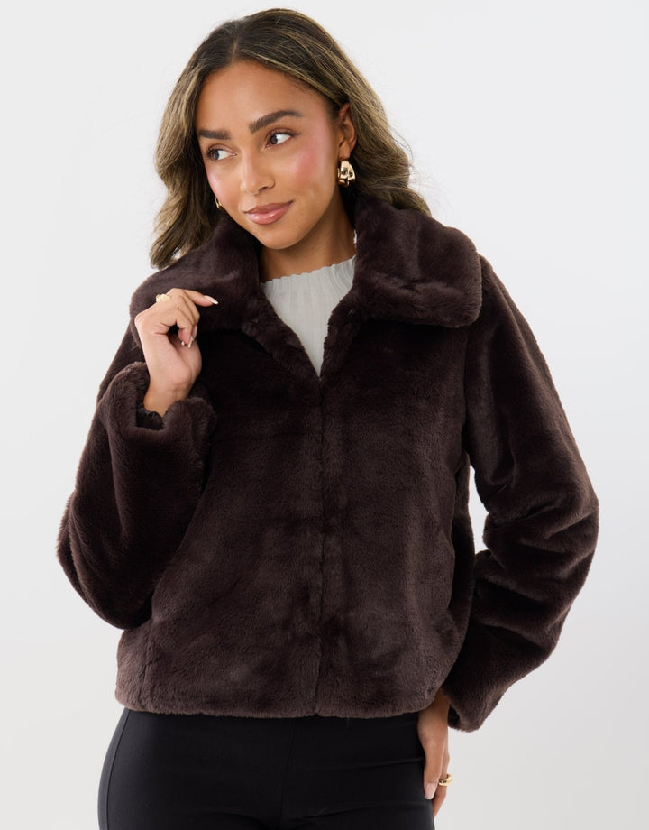 Short Collared Faux Fut Coat in Chocolate Brown