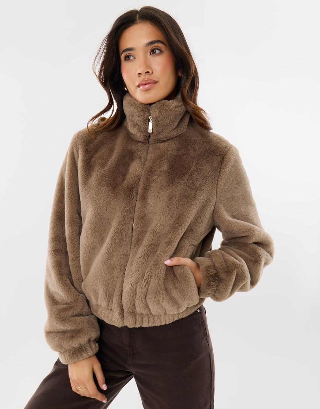 Faux Fur Bomber Jacket in Mink Brown