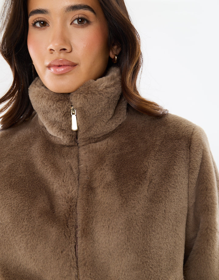 Faux Fur Bomber Jacket in Mink Brown