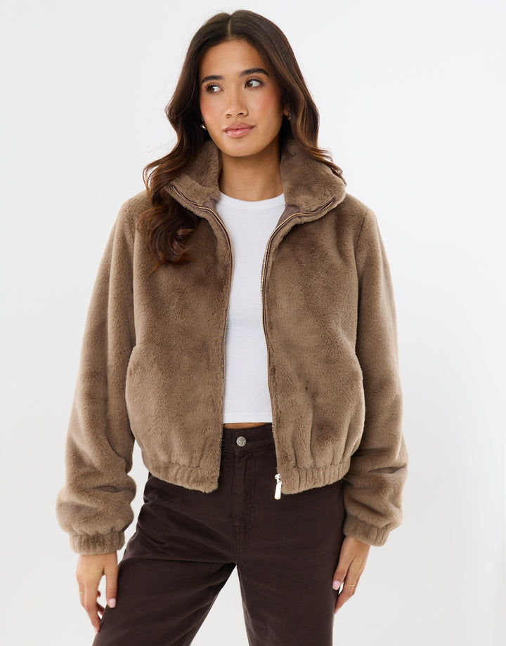 Faux Fur Bomber Jacket in Mink Brown