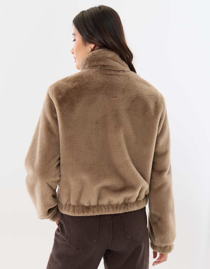 Faux Fur Bomber Jacket in Mink Brown