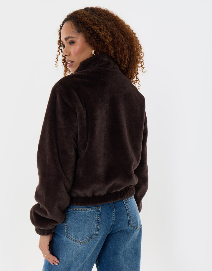 Faux Fur Bomber Jacket in Chocolate Brown