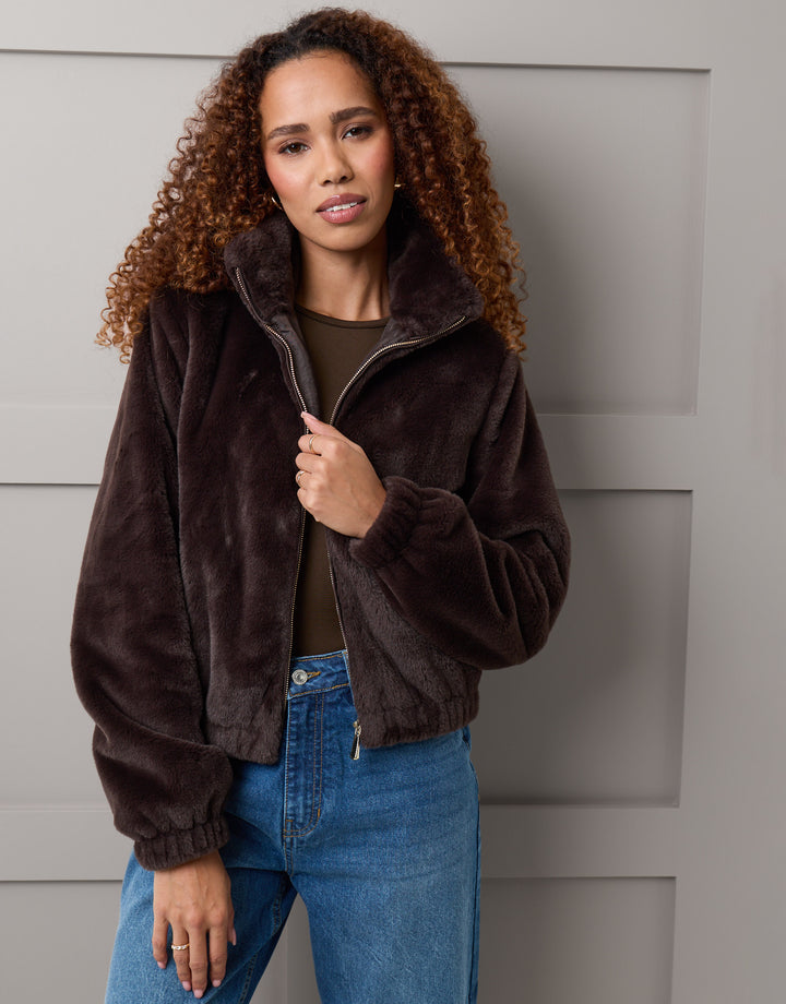 Faux Fur Bomber Jacket in Chocolate Brown