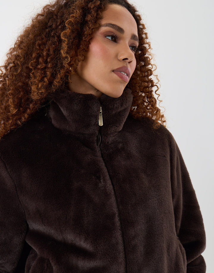 Faux Fur Bomber Jacket in Chocolate Brown