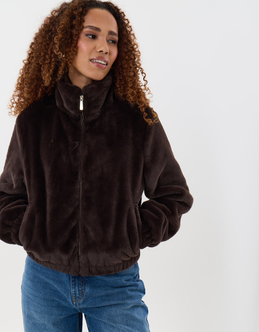 Faux Fur Bomber Jacket in Chocolate Brown