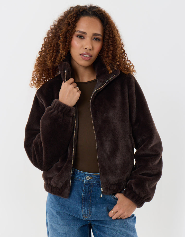 Faux Fur Bomber Jacket in Chocolate Brown