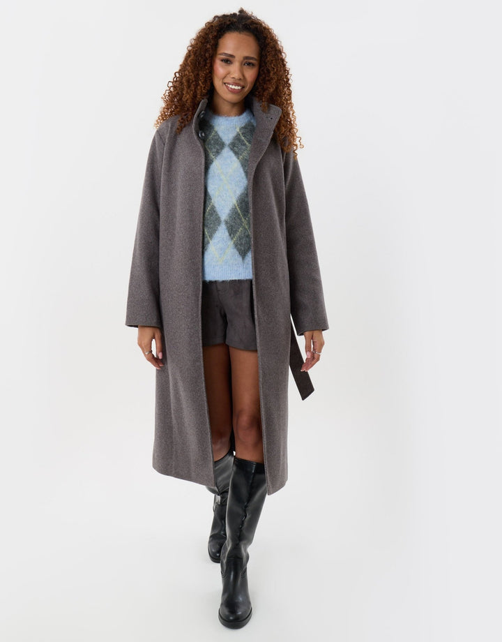 Funnel Neck Belted Longline Jacket in Charcoal Grey