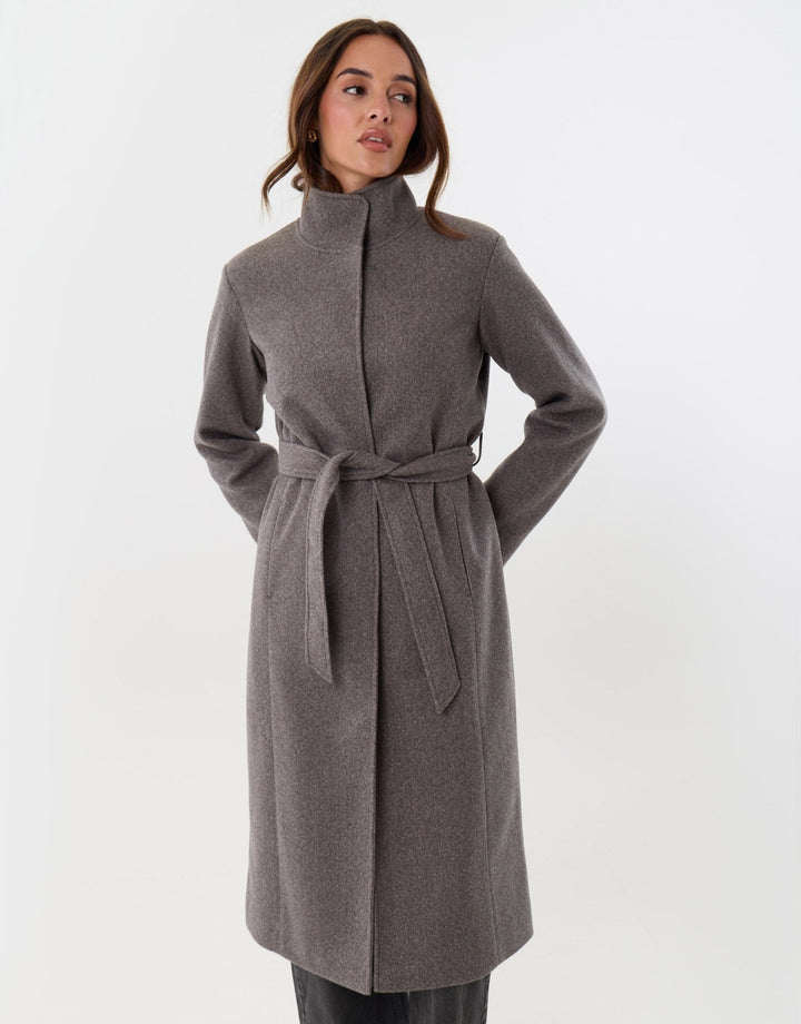 Funnel Neck Belted Longline Jacket in Charcoal Grey