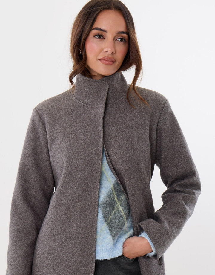 Funnel Neck Belted Longline Jacket in Charcoal Grey