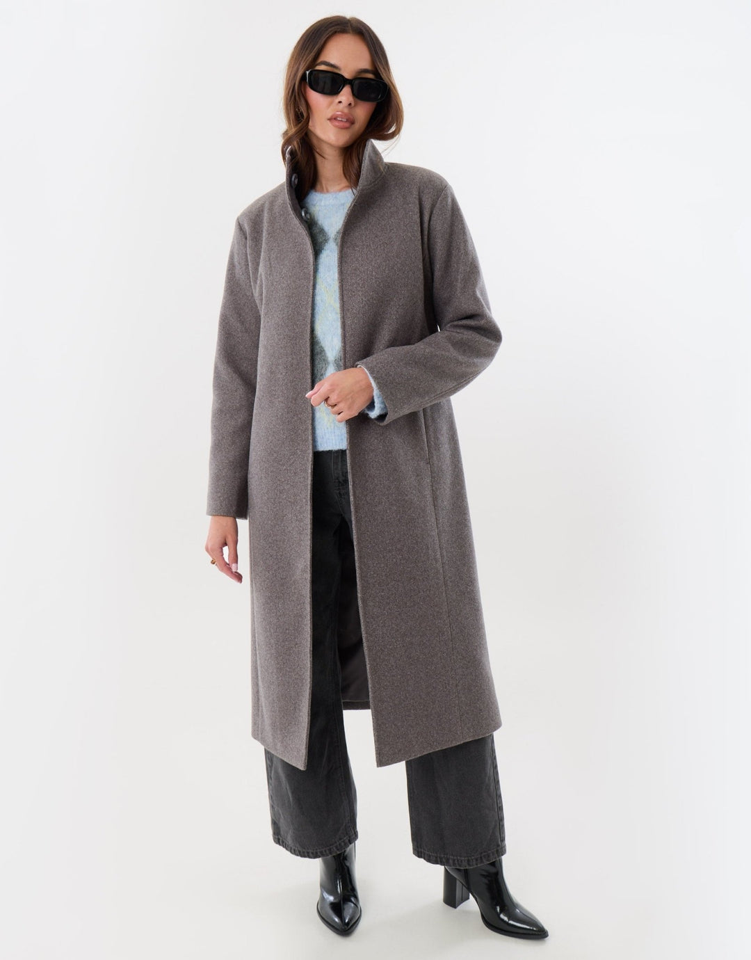 Funnel Neck Belted Longline Jacket in Charcoal Grey