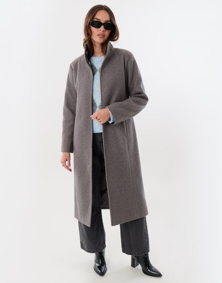 Funnel Neck Belted Longline Jacket in Charcoal Grey