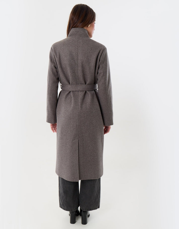 Funnel Neck Belted Longline Jacket in Charcoal Grey