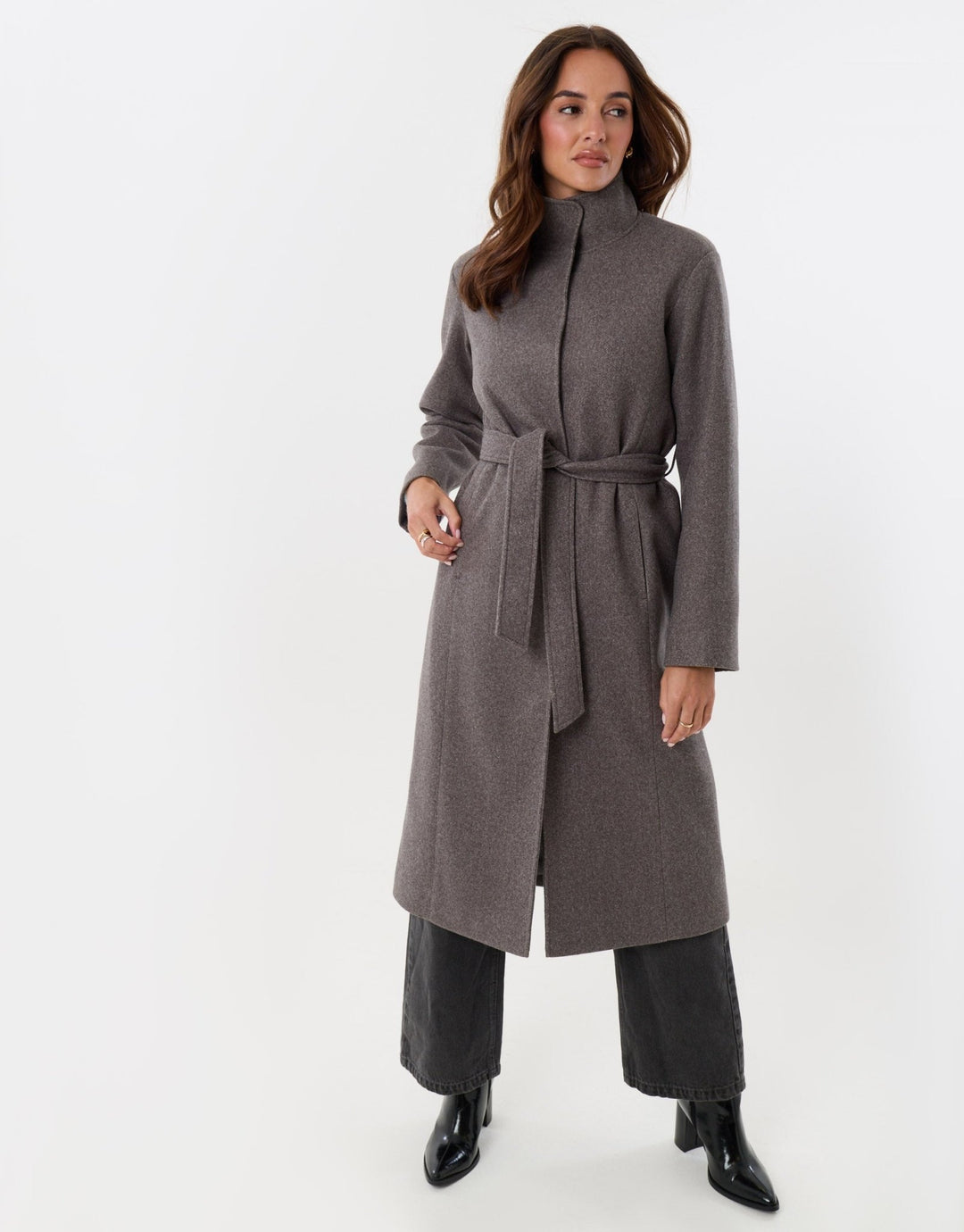 Funnel Neck Belted Longline Jacket in Charcoal Grey