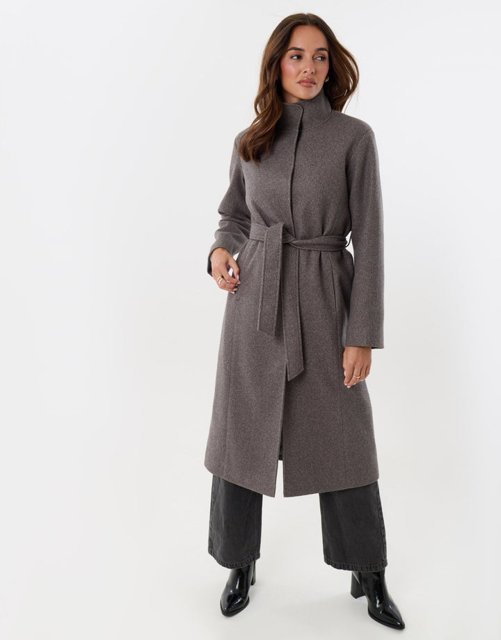 Funnel Neck Belted Longline Jacket in Charcoal Grey