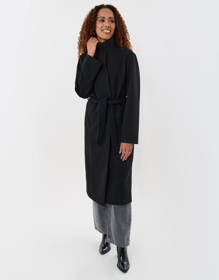 Funnel Neck Belted Longline Jacket in Black