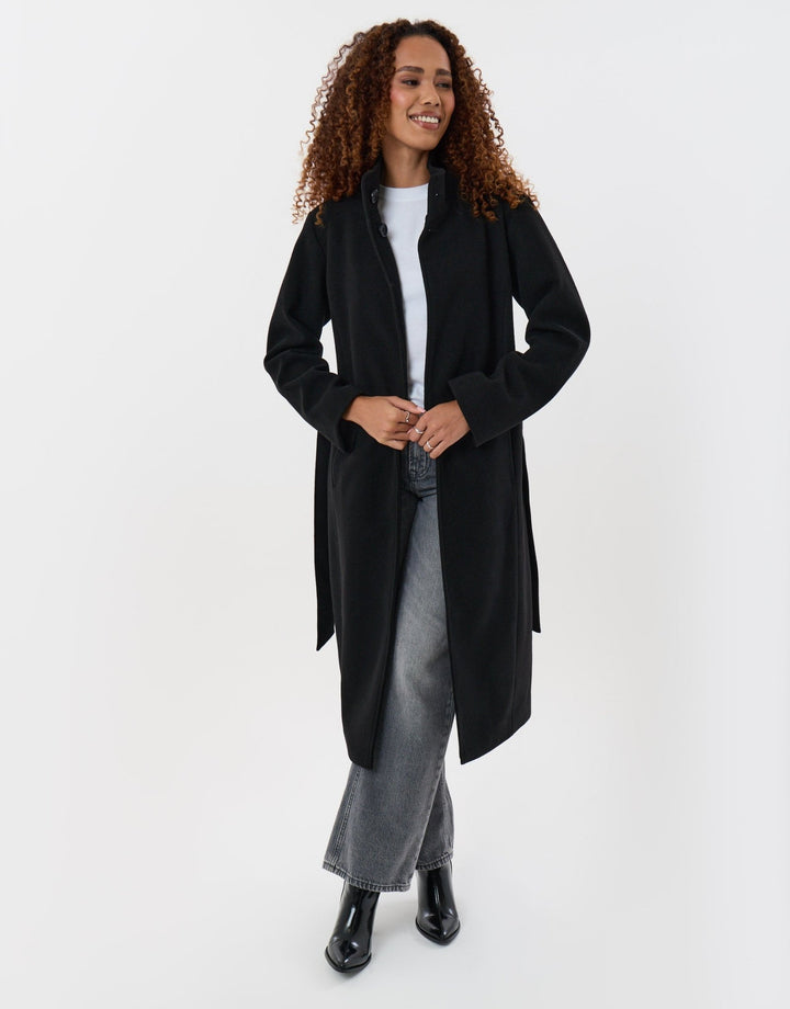 Funnel Neck Belted Longline Jacket in Black
