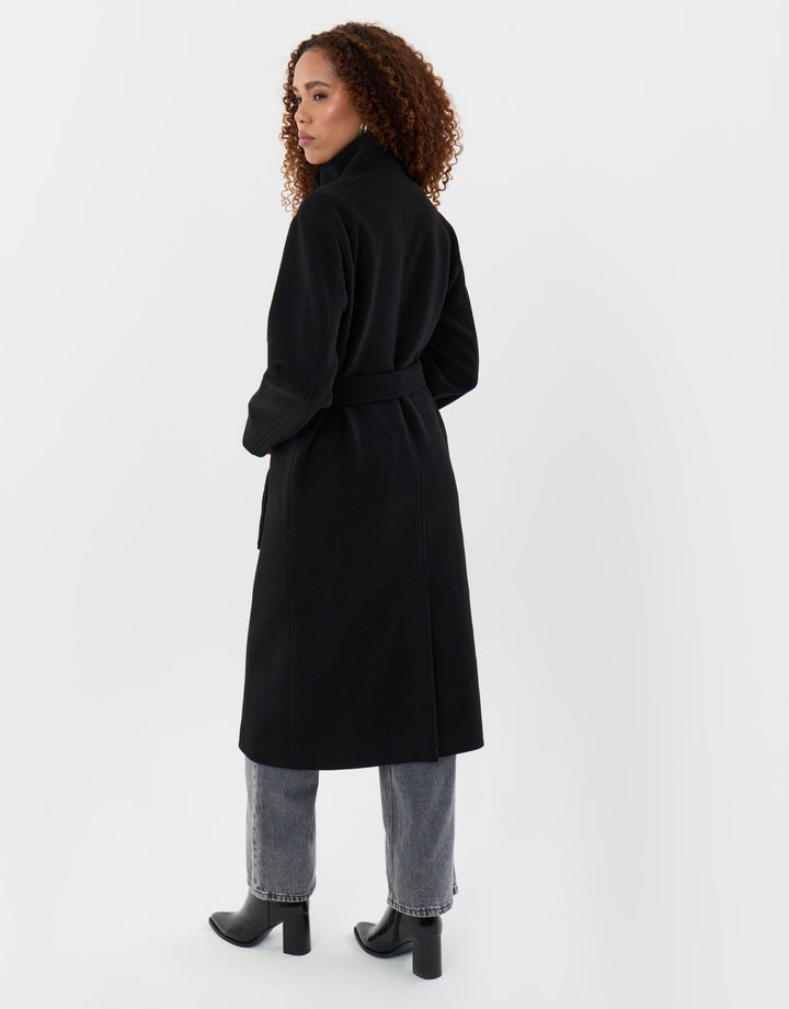 Funnel Neck Belted Longline Jacket in Black