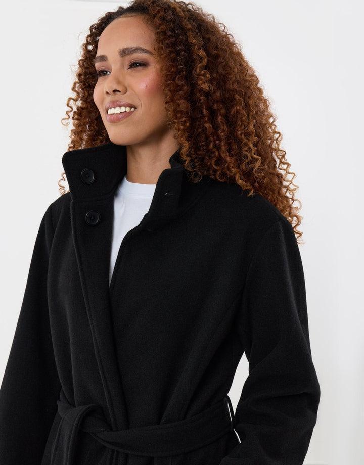 Funnel Neck Belted Longline Jacket in Black