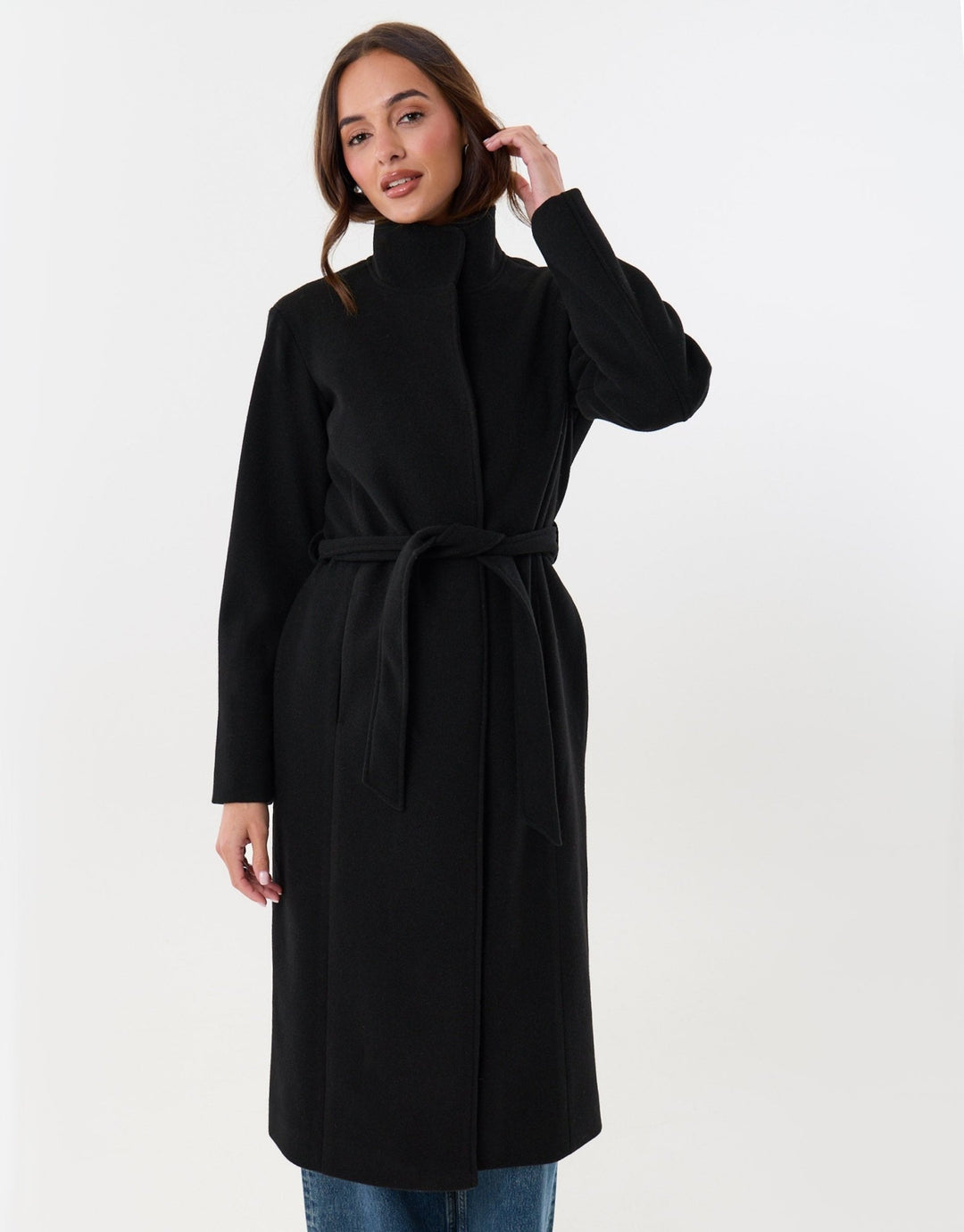 Funnel Neck Belted Longline Jacket in Black