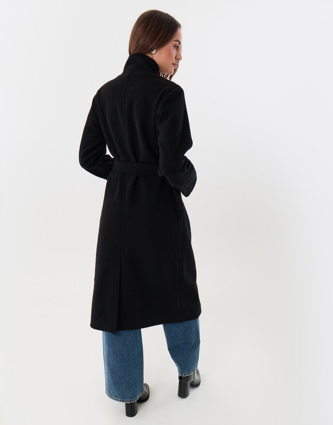 Funnel Neck Belted Longline Jacket in Black