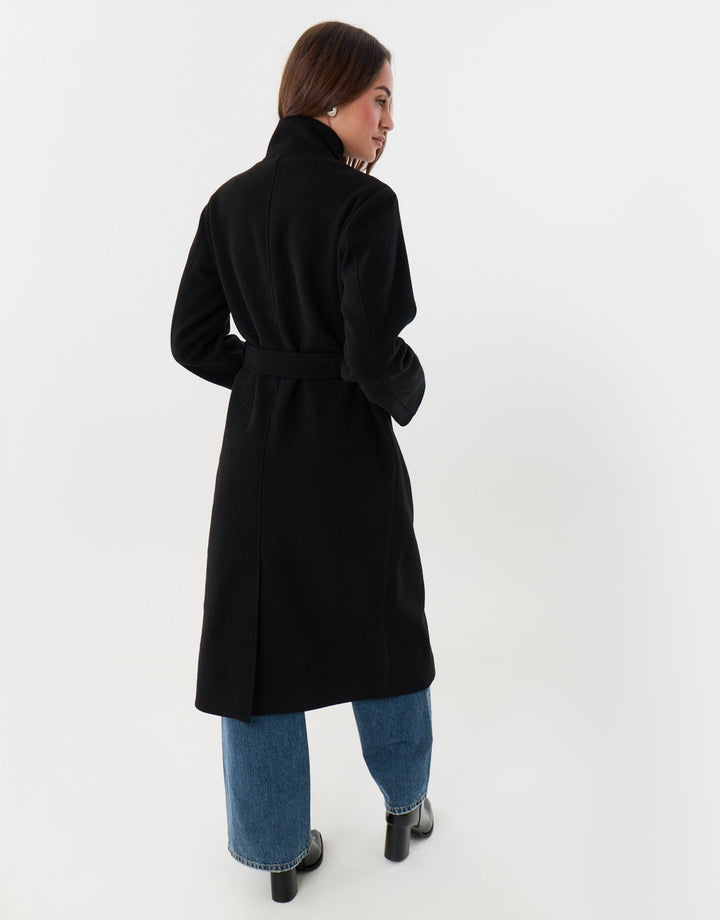 Funnel Neck Belted Longline Jacket in Black