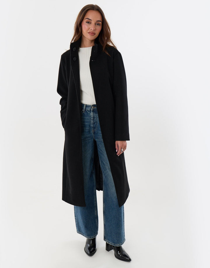 Funnel Neck Belted Longline Jacket in Black