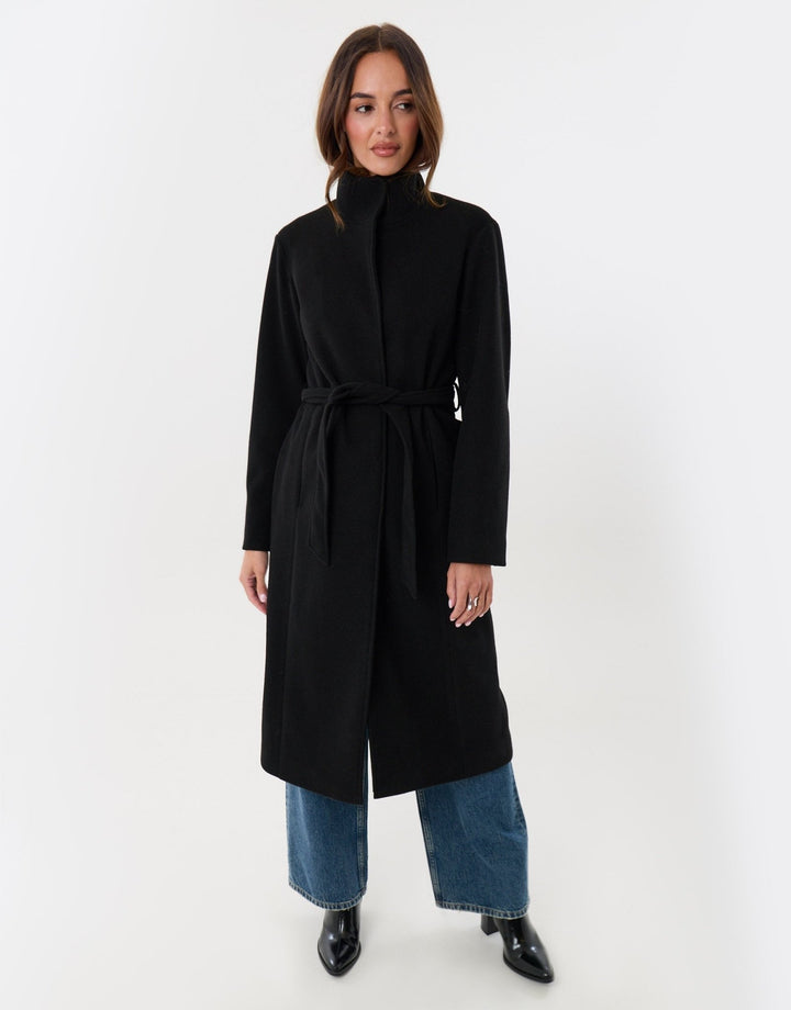 Funnel Neck Belted Longline Jacket in Black