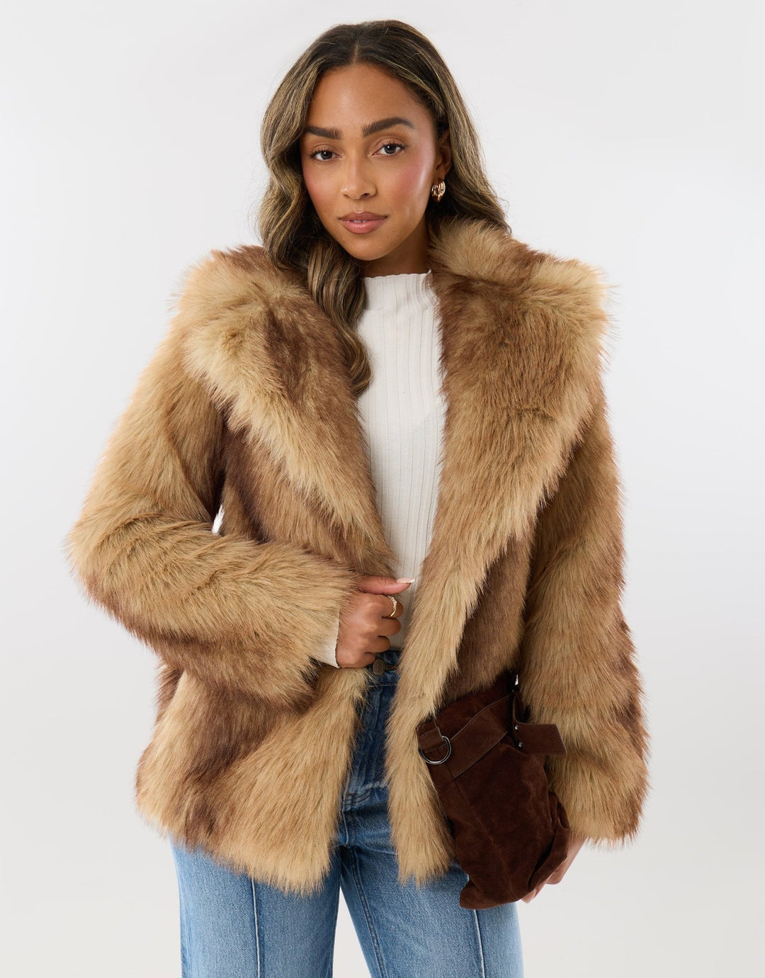 Oversized Collar Faux Fur Coat in Tan