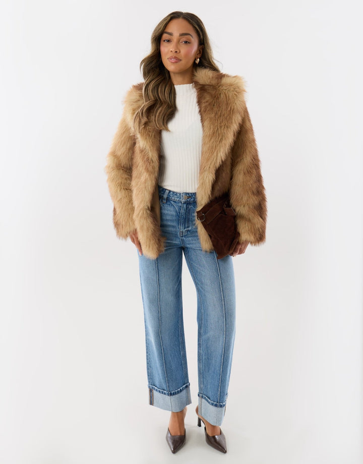 Oversized Collar Faux Fur Coat in Tan